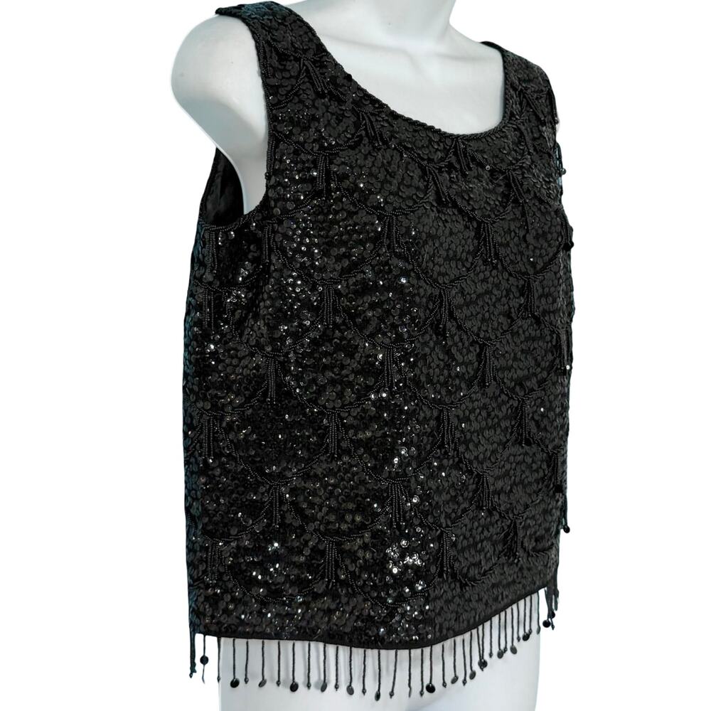 Vintage 70s Black Sequin Scallop Beaded Fringe Black Crop Wool Tank Top size M - Picture 8 of 9
